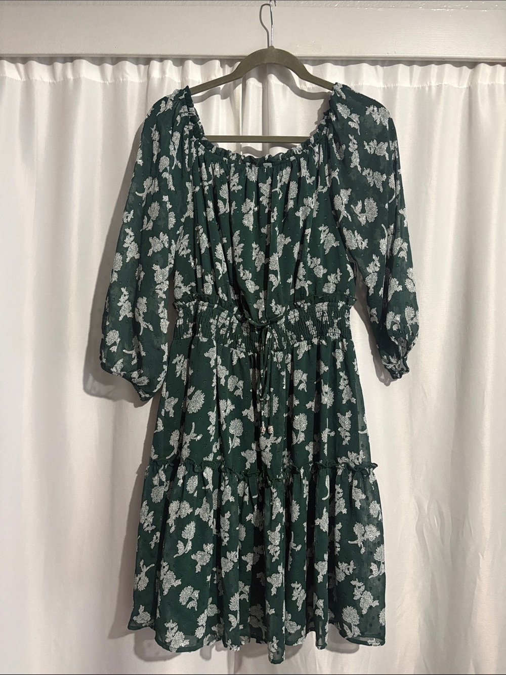 Women's Green Floral Tiered Peasant Dress